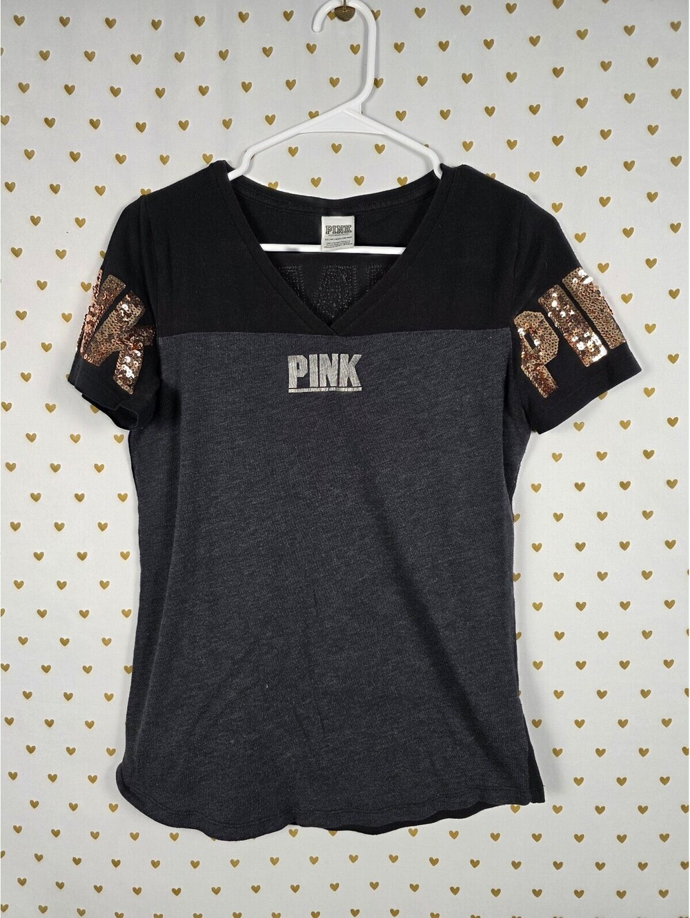 Victorias Secret PINK V Neck Gold Bling XS Tee shirt Sequined